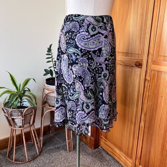 RL Richard Large Petite Elastic Waist Purple Paisley Midi Skirt Ruffle Y2K - Picture 3 of 6